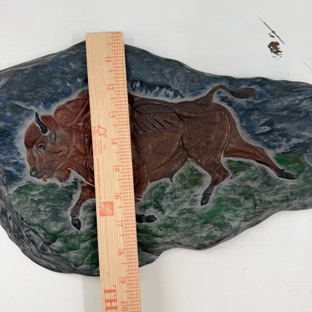 VTG Painted Buffalo Bison Relief Wall Plaque 9x5 Hand Painted Plaster Art Decor